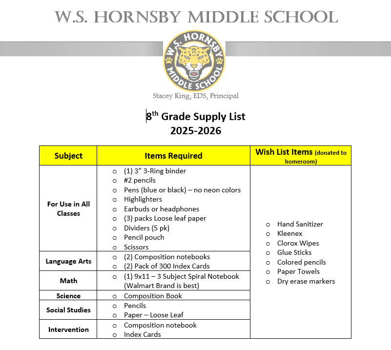 Eighth Grade Supply List
